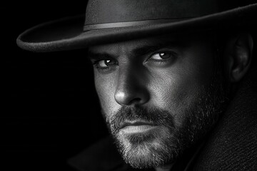 atmospheric portrait of man wearing vintage fedora dramatic side lighting creating deep shadows across face film noir style