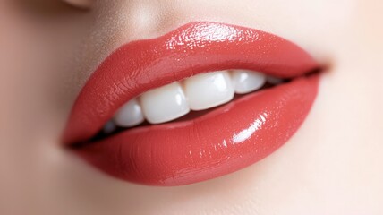 Obraz premium Glossy close-up woman lips emphasizing glamour makeup on dark skin, revealing radiant beauty and cosmetic elegance fashion