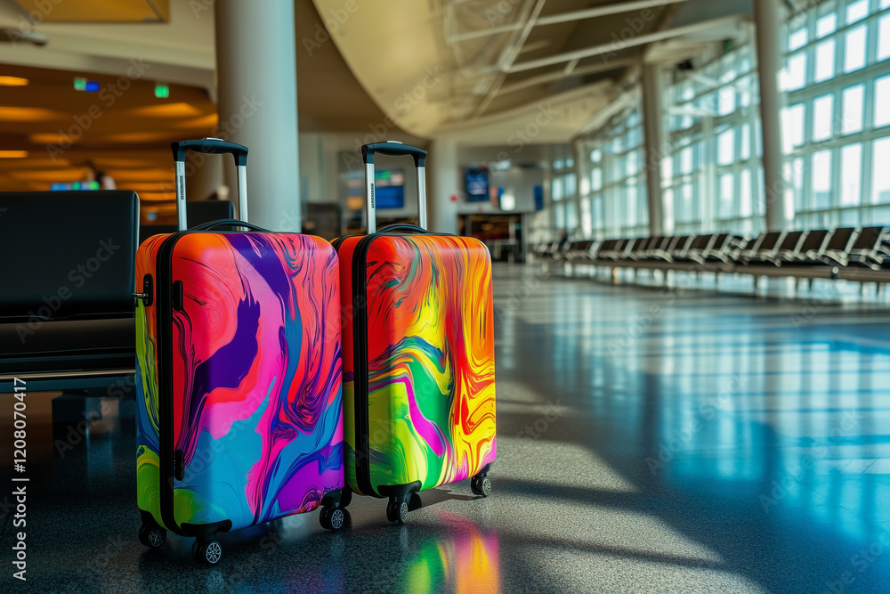 Poster two colorful suitcases with a colorful design on them. the suitcases are placed on the floor in a la
