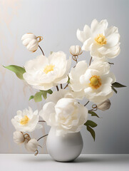 White peony flowers bouquet in a vase, abstract floral elegant mock up background 