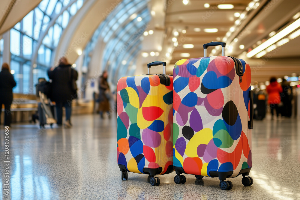 Poster two colorful suitcases with a pattern of circles on them. the suitcases are placed on the floor in a