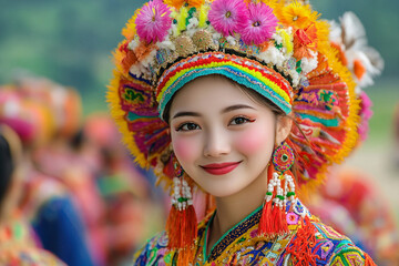 Fototapeta premium Young girl wearing traditional chinese dress smiling during celebrations in the street generative ai