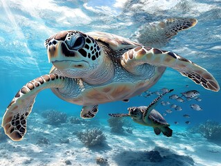 Obraz premium A painting of two turtles swimming in the ocean