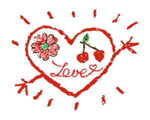 Cute funny smiling red heart saying hello or hi. Like kids hand drawing doodle style. Crayon, pastel chalk or pencil. Cartoon art simple girly character. Valentine's day or hippie emblem peace symbol