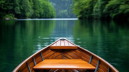 Obraz premium A wooden boat on a lake with trees in the background