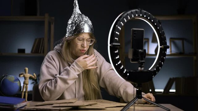 Strange crazy vlogger with cellphone, paranoid woman streaming at home conspiracy theory broadcasting in vlog, cover nose, ugh, disgusting emotion. blogging and conspiracy theory
