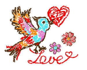 Fototapeta premium Cute funny smiling bird with red heart. Bright vibrant colorful like kids hand drawing doodle style. Crayon, pastel chalk or pencil. Cartoon art simple sweet childlike joyful girly character