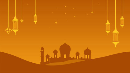 Naklejka premium Silhouette of Mosque with Lanterns and Stars on Gradient Orange Background