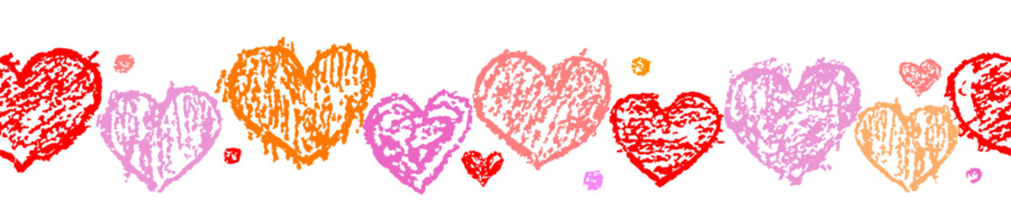 Valentine's day seamless pattern, border or background with red pink hearts. Bright vibrant like kids hand drawing doodle funny style. Crayon, pastel chalk or pencil. Cartoon art simple banner frame