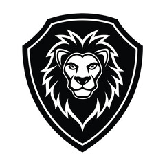 Obraz premium Lion Head Silhouette on Shield Vector Art - Black Lion Head Logo Design