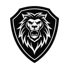 Fototapeta premium Lion Head Silhouette on Shield Vector Art - Black Lion Head Logo Design