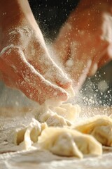 Fototapeta premium Delicious Homemade Dumplings Preparation Flour Dust Hands Cooking Asian Food Recipe Traditional Cuisine Homemade Pastry Dough 