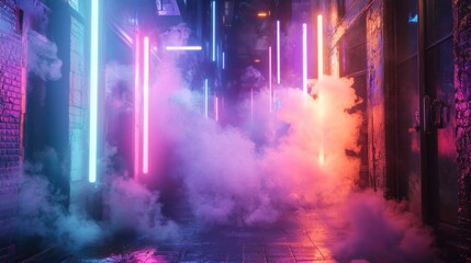 Obraz premium Neon Nightscape: Enigmatic Alleyway Bathed in Vapor and Vivid Light