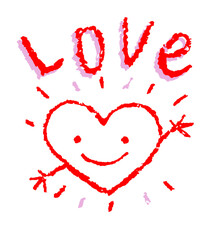 Wow  surprise cute funny smiling hello or hi heart. Hand drawing doodle style. Crayon, pastel chalk or pencil. Cartoon flash bang simple hugging character. Valentine's day or hippie peace symbol