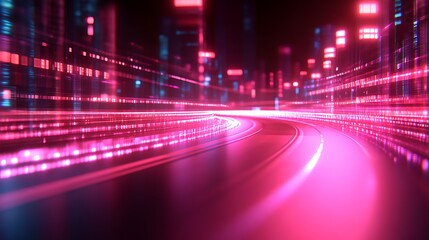 Obraz premium Futuristic Cityscape Neon Lights Glowing Road