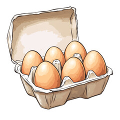 A half-opened cardboard egg carton containing six brown eggs is shown against a white background.