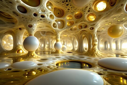 Abstract, surreal, Creative openwork interior futuristic beige tones showcases distinctive decorative columns seamless link original floor, ornate ceiling, crafting harmonious, opulent 