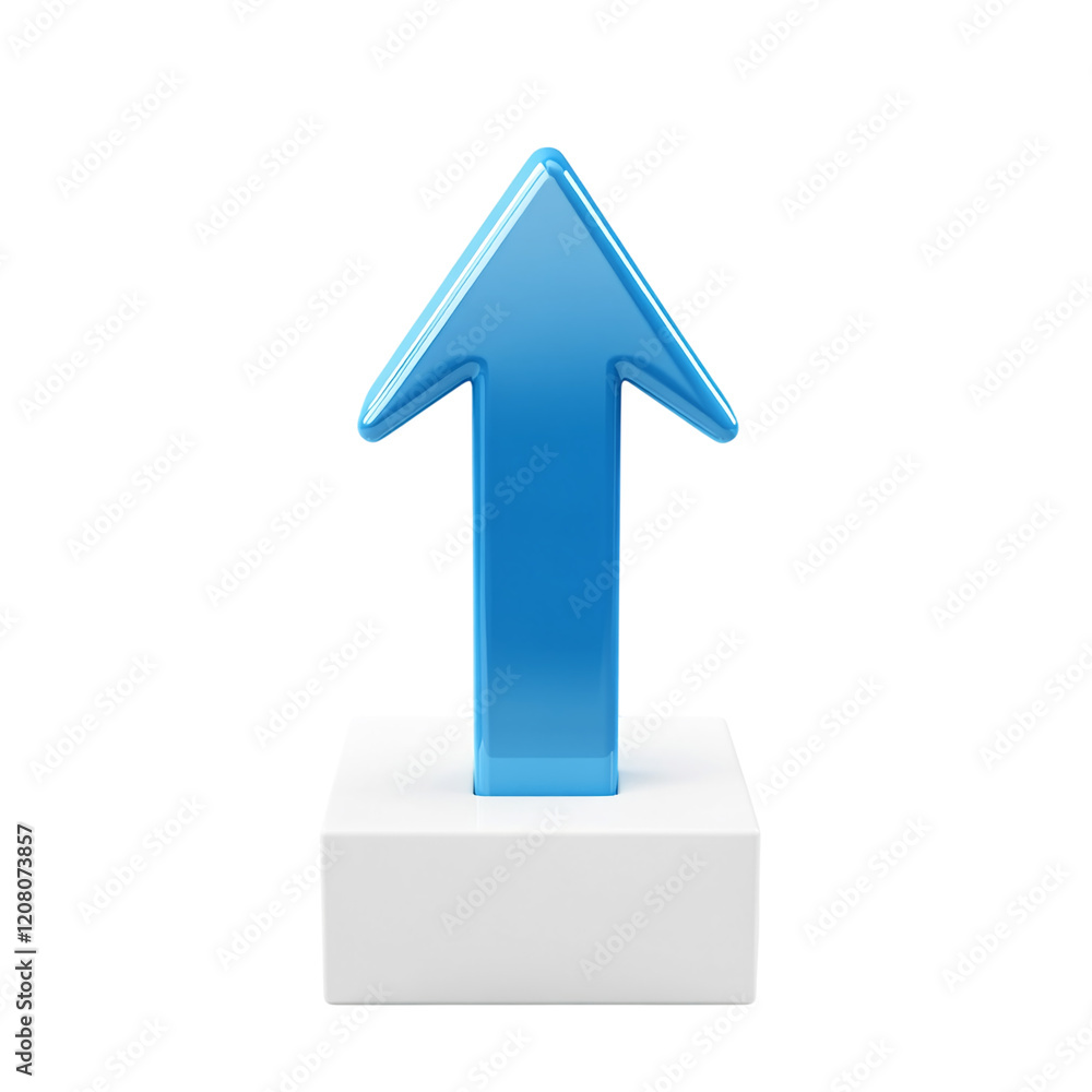 Poster blue arrow on white cube pedestal isolated on a transparent background, 3d design element