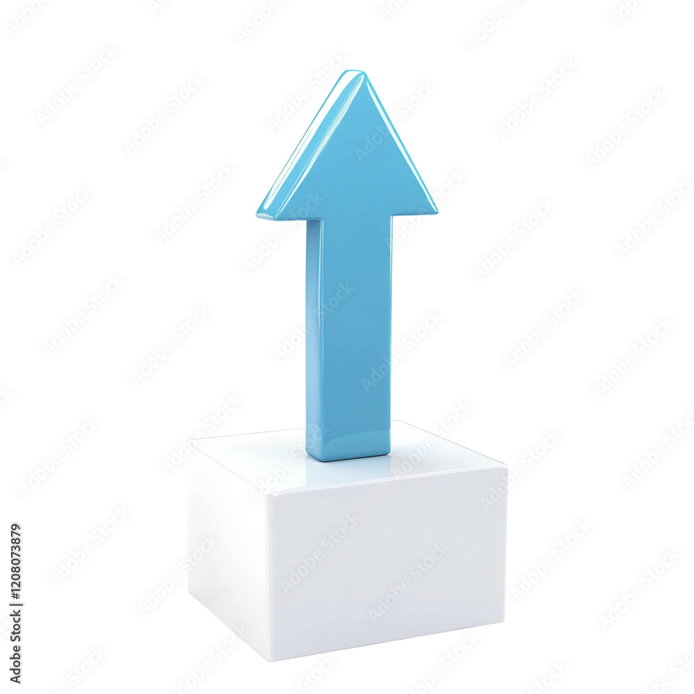 Poster blue arrow on a white cube pedestal isolated on a transparent background, minimal design
