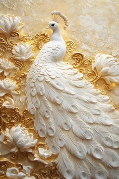 Elegant white peacock sculpture amidst golden floral design art installation indoor gallery opulent aesthetic