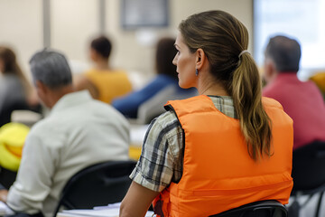 A woman wearing an orange safety vest attentively listens during a classroom training session on civil defense
