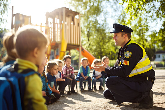 A police officer teaches children about safety and civil defense outdoors on a sunny day at a playground