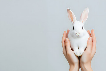Obraz premium Close-up white rabbit in woman hands isolated on white background