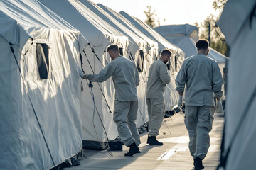 Humanitarian workers set up tents at a relief camp during a civil defense operation