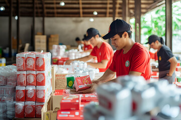 Volunteers sort relief supplies in a warehouse as part of a civil defense and humanitarian aid effort