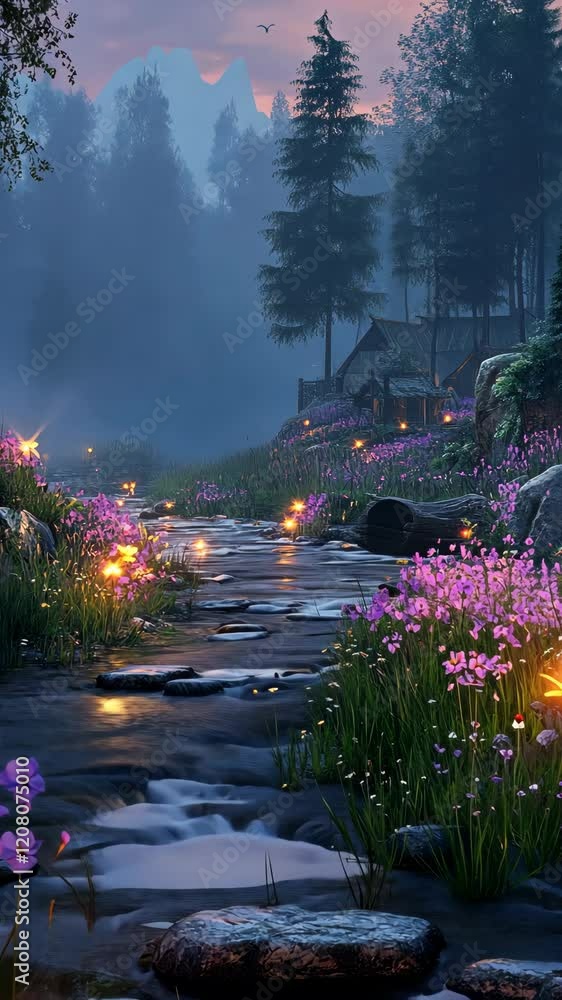 Poster Serenity of a twilight stream adorned with flowers and twinkling lights in a peaceful forest setting