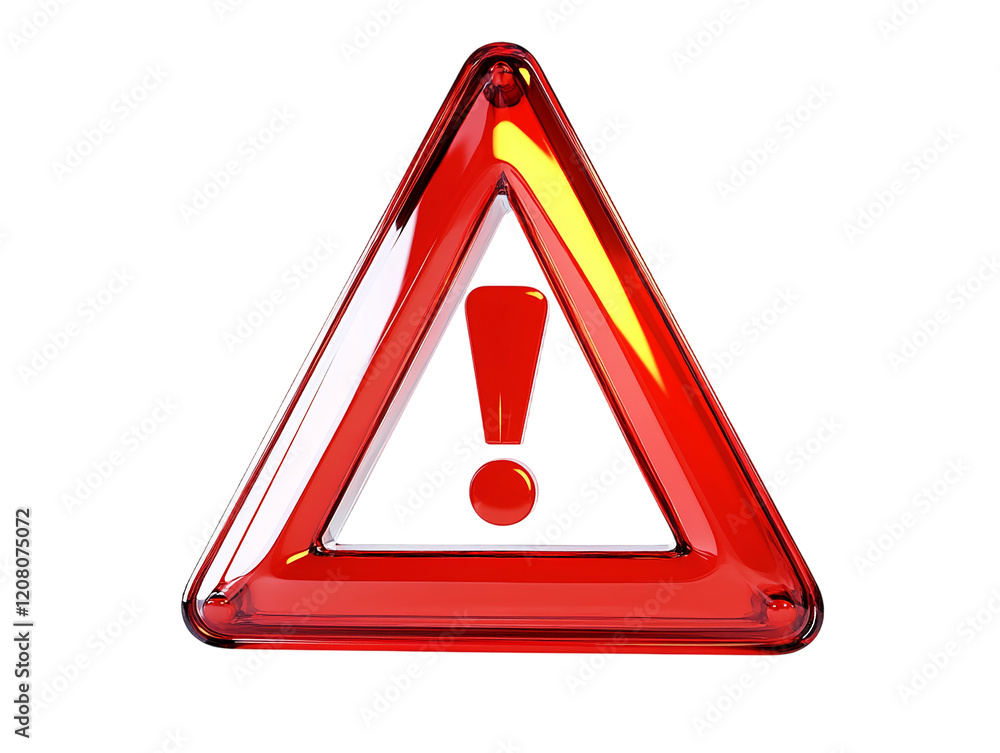 Poster Glossy Red Warning Triangle with Exclamation Mark Isolated on a Transparent Background