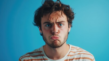 Obraz premium Disbelief Expression, Young Man, Blue Background