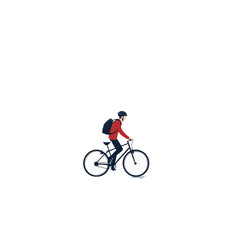 Fototapeta premium A simple illustration depicts a man with a backpack riding a bicycle on a white background.