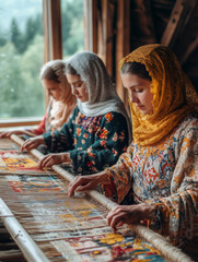 Mordovian women skillfully weaving colorful patterns in their workshop