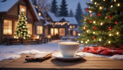 An inviting winter scene featuring a cup of warm cappuccino on a wooden table next to a Christmas tree with twinkling lights and snowy yard behind , christmas tree, winter scene