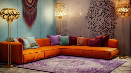 A modern boho living area featuring an amber orange corner sofa