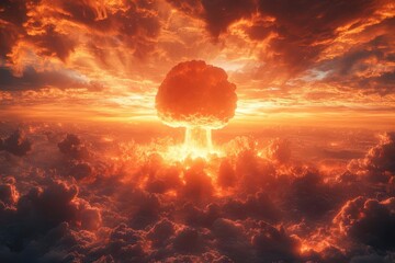aweinspiring atomic detonation mushroom cloud at dawn volumetric lighting piercing through swirling plasma hyperdetailed cinematic composition with intense orange and red hues