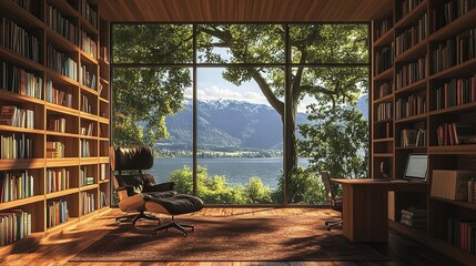 Cozy Study with Bookshelves and Scenic Lake View in Retirement Home