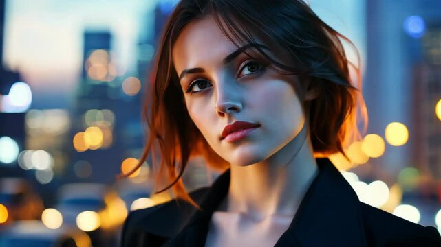  futuristic theme businesswoman at city with glowing neon light background, online business and technology adaptation advantage concept