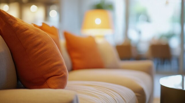 Modern Living Room with Orange Accent Pillows and Beige Sofa