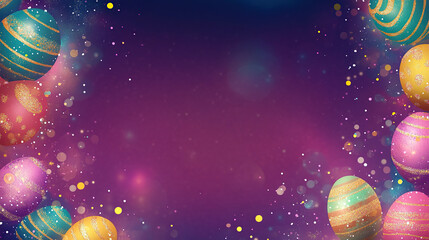 Naklejka premium Colorful Easter eggs with sparkles and festive lights on a vibrant purple background, creating a magical holiday atmosphere.