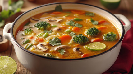 Freshly made vegetable soup in a white pot garnished with lime