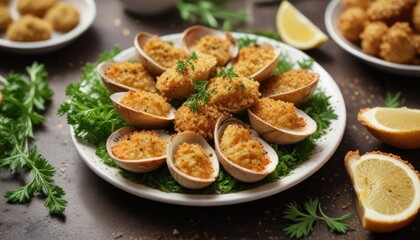 Baked clams on a plate with golden brown breadcrumbs and fresh parsley garnish, food on table, seafood, baked