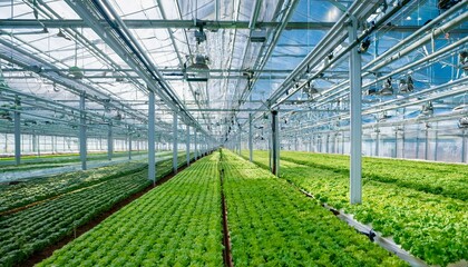 스마트팜 현대식 농업 온실 내부, 수경 재배 장치와 자동화된 물 분배 시스템