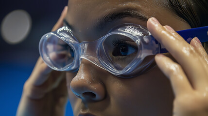 Photograph of a female swimmer adjusting her goggles before diving into the pool during National Girls and Women in Sports Day