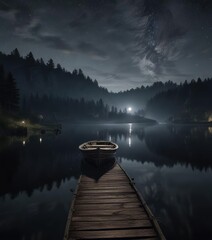 Obraz premium Boat gently rocking on a peaceful lake at night, shadows, ripples