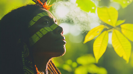 Amazonian woman in tribal attire standing in dense rainforest, Generative AI