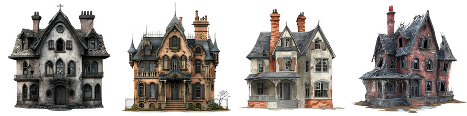 Fototapeta premium Collection of haunted mansion with crooked chimneys and broken shutters isolated on a transparent background