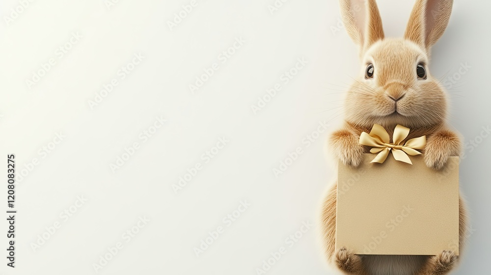 Poster a charming little rabbit is holding an empty gift card against a simple backdrop, all set in a delig