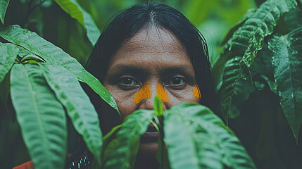 Amazonian woman in tribal attire standing in dense rainforest, Generative AI